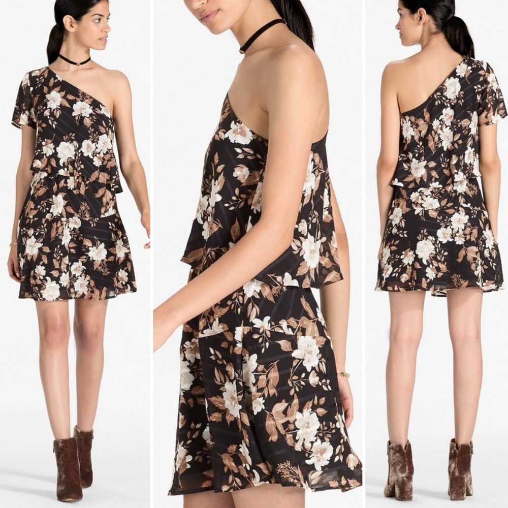 Lucky Brand One Shoulder Floral Mini Dress Size Small Ruffle Black